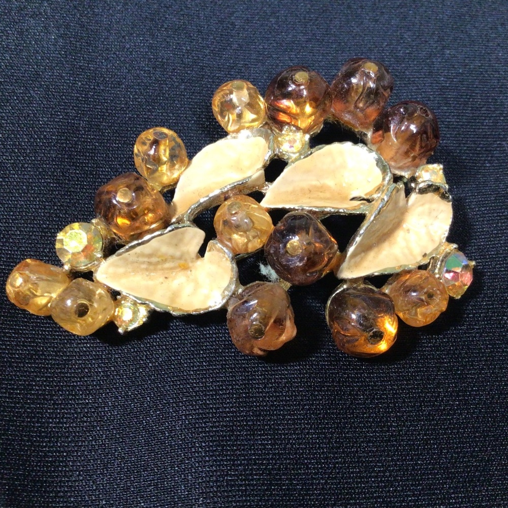 Vintage Enamel Leaf Grape Style Brooch with Crystals & Aurora Borealis